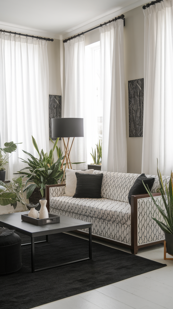 Black and white living room showcasing a stylish sofa with various cushions, airy curtains, plants, and modern furnishings.