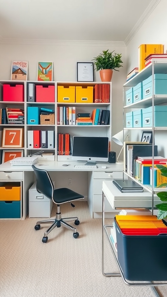 A colorful and organized home office featuring color-coded storage boxes, a sleek desk, and a potted plant.