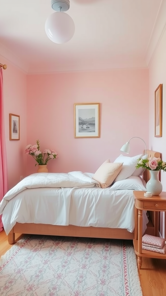 Cozy small bedroom with pink walls, white bedding, and flowers