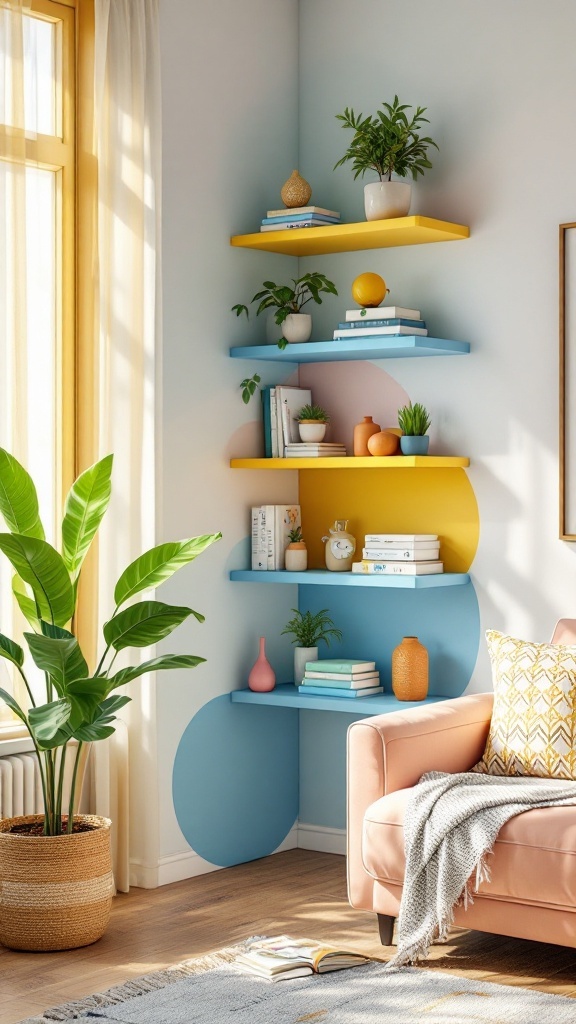 Colorful corner shelves with plants and decorative items in a cozy room