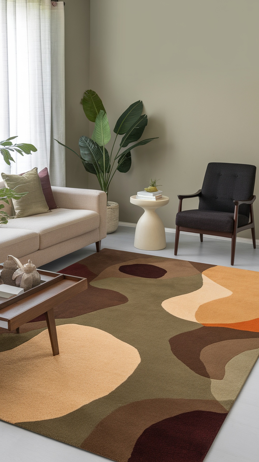 A cozy living room featuring a colorful rug with organic shapes and warm tones, complemented by a neutral sofa and plant decor.