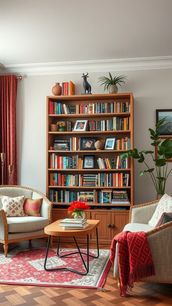 A colorful living room featuring a rich jewel tone bookcase, layered textiles, and cozy seating.