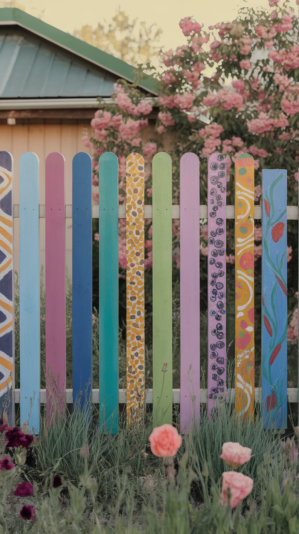 A colorful wooden fence with unique patterns and designs, surrounded by blooming flowers