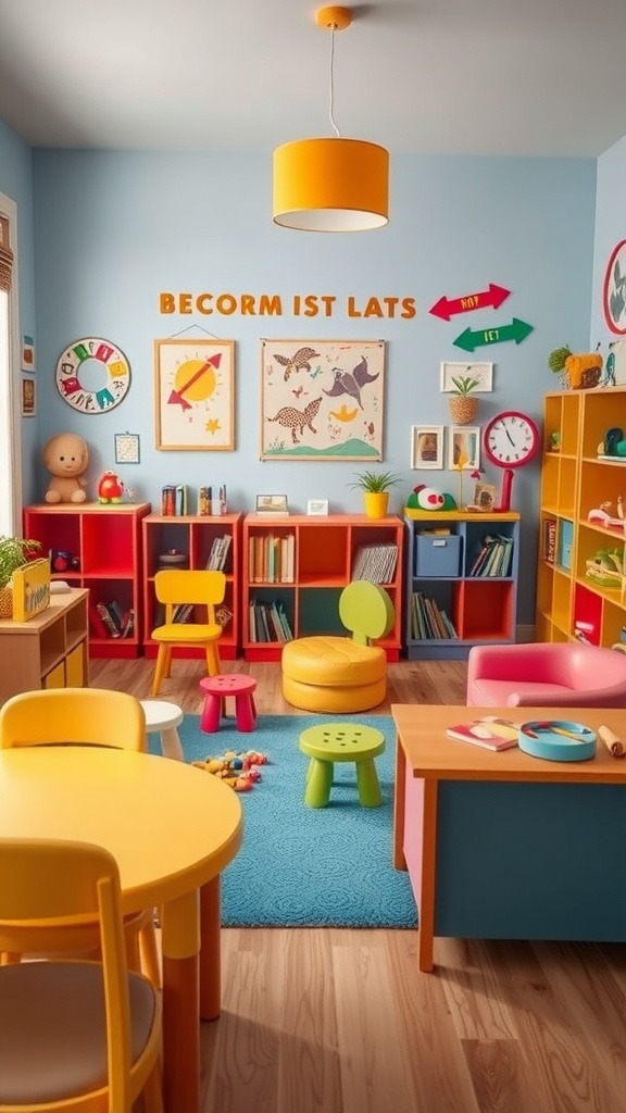 A colorful and playful playroom with bright furniture, soft textures, and cheerful decor.