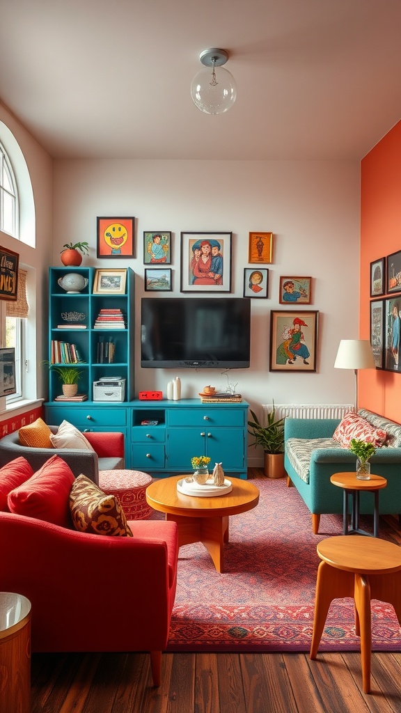 A colorful living room featuring a red couch, teal sofa, and various artworks on the walls.
