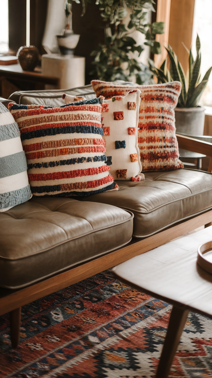 A stylish couch adorned with colorful throw pillows in a cozy setting.