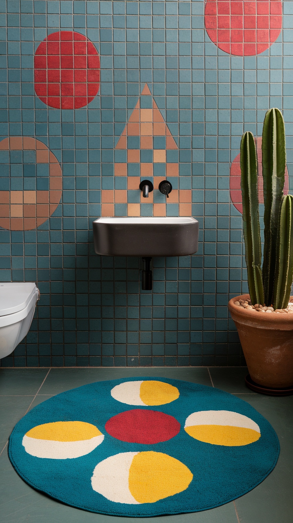 Colorful tiled bathroom wall with geometric patterns and a round rug featuring a floral design.