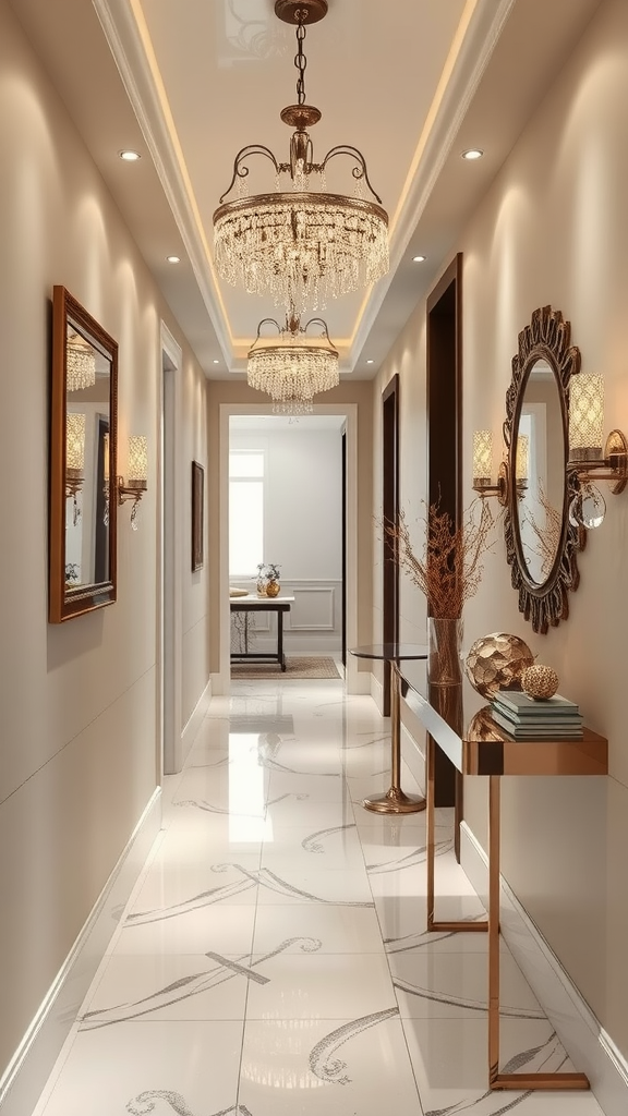 A stylish hallway featuring neutral walls, elegant chandeliers, ornate mirrors, and a chic console table with metallic accents.