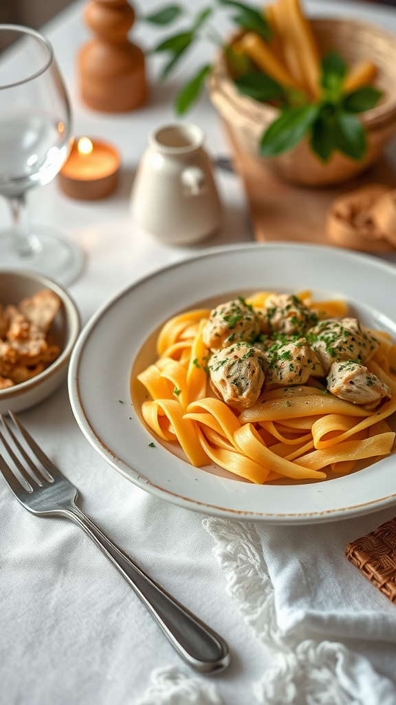 A plate of Marry Me Chicken Pasta with fettuccine, topped with herbs, next to a glass of wine and a candle