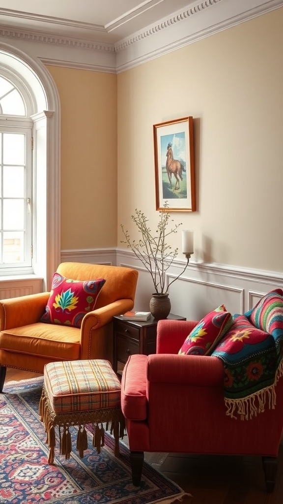 A cozy living room featuring two vibrant armchairs, one orange and one red, with colorful patterned pillows and a decorative pouf.