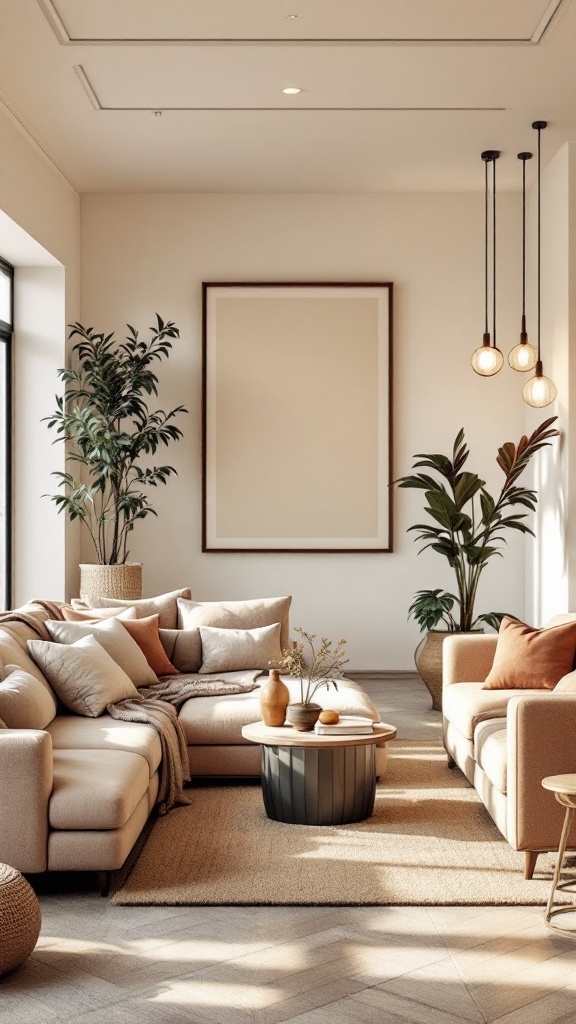 A warm and neutral living room with a cozy seating arrangement, light tones, and plants.
