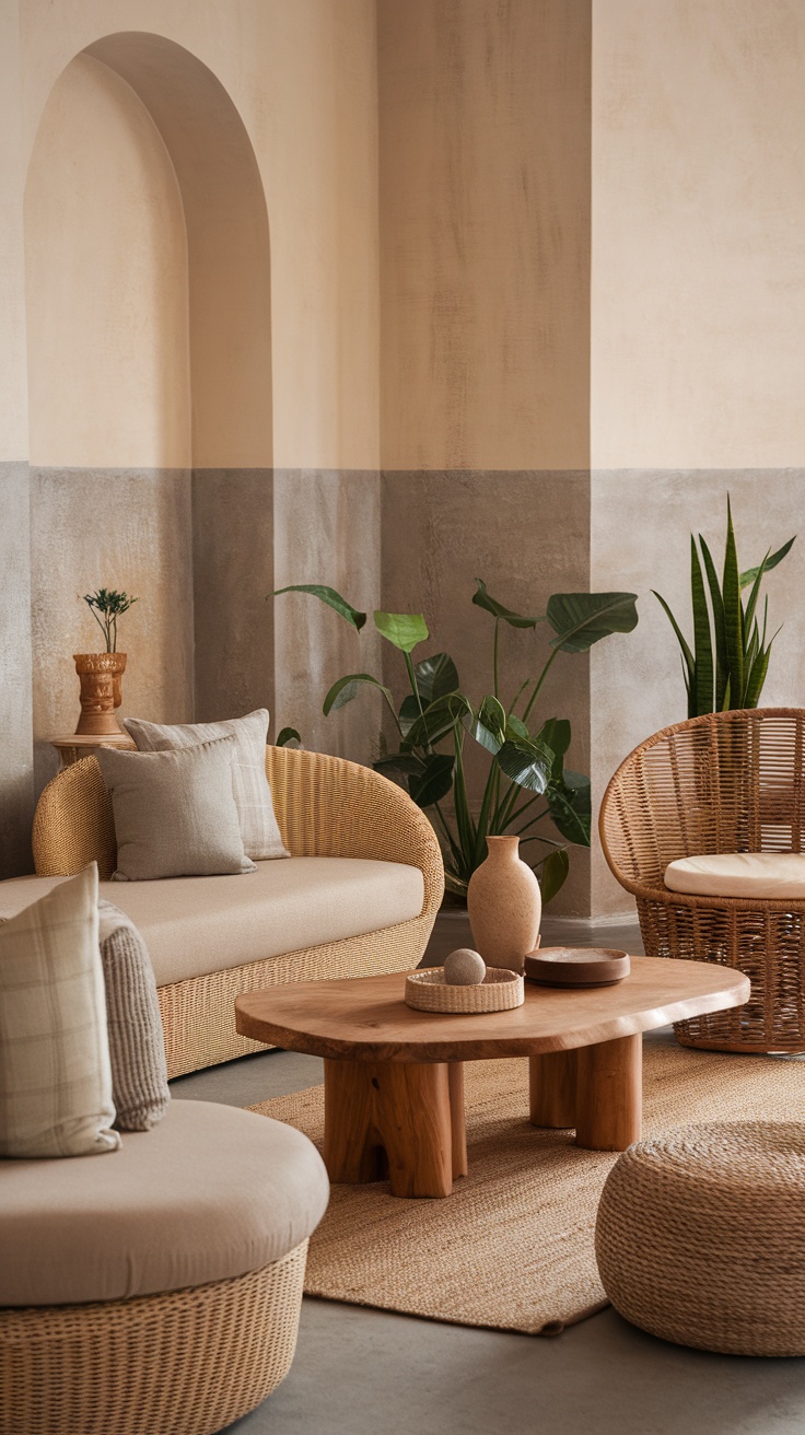 A cozy living room featuring round seating, natural wooden coffee table, and plants, showcasing a Boho aesthetic.