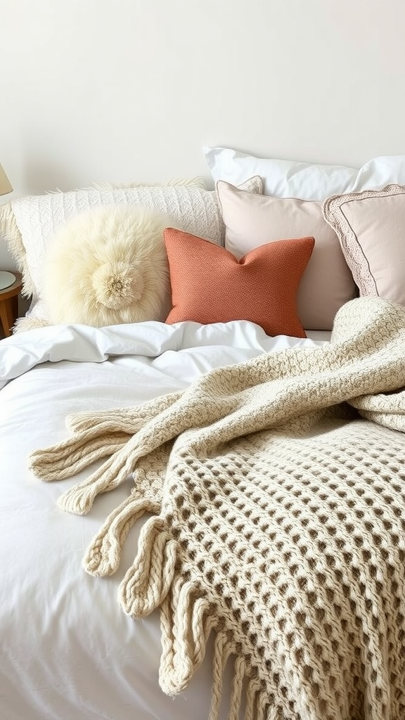 A cozy bed with layered textures, featuring pillows and warm blankets.