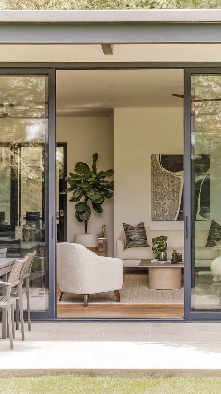 A modern living room with large glass doors opening to an outdoor dining area, featuring cozy furniture and indoor plants.