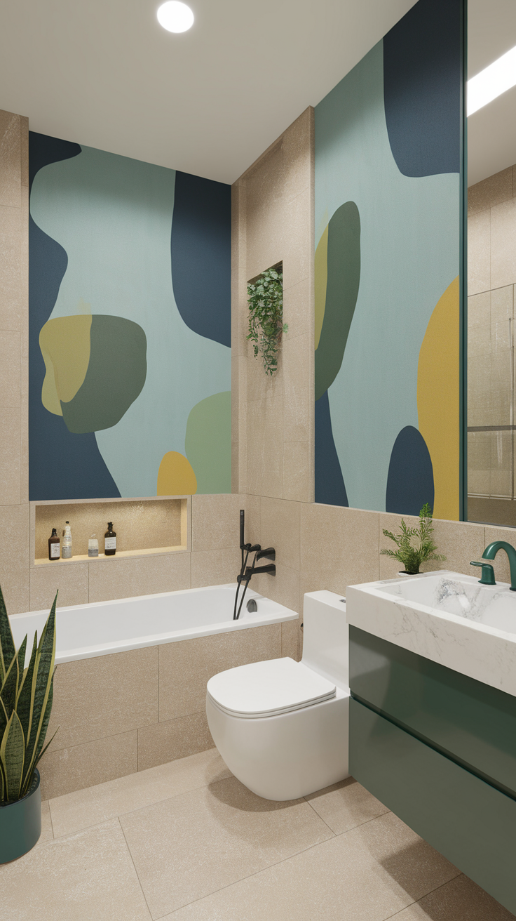 A modern bathroom featuring light marble tiles, colorful wall patterns, and elegant fixtures.
