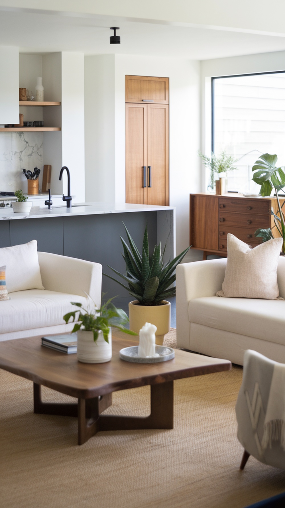 A contemporary living room with open concept layout featuring white sofas, a wooden coffee table, and indoor plants.