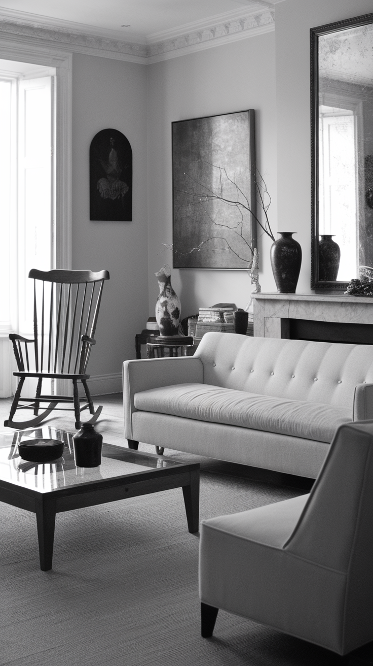 A black and white living room with a modern sofa, a vintage rocking chair, and a glass coffee table.