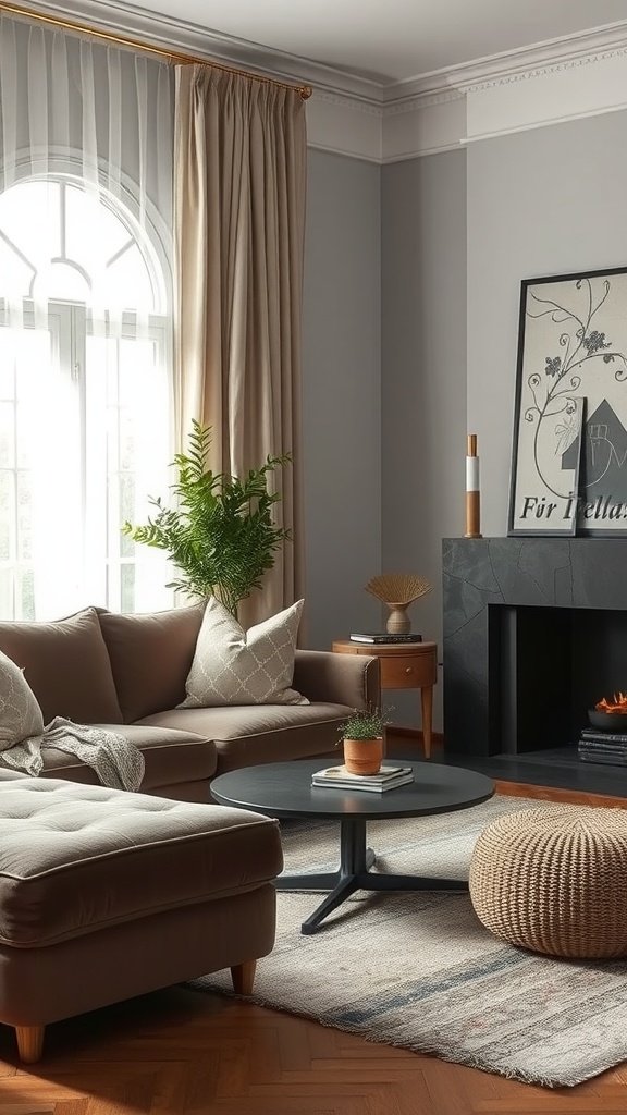 Cozy living room with layered textiles and contrasting textures, featuring a rich jewel tone couch, a coffee table, and decorative plants.
