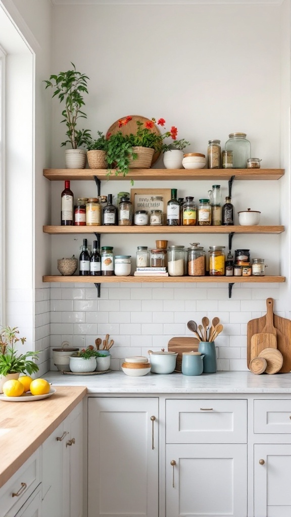 Stylish corner shelves in a kitchen with plants, jars, and wooden utensils.