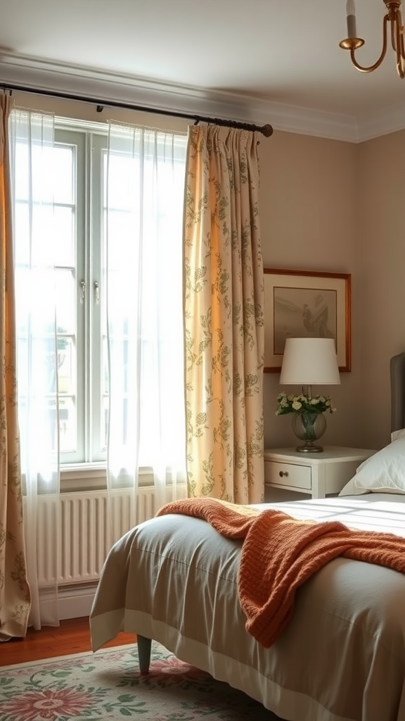 Cozy bedroom with floral curtains and warm tones, showcasing cottage-style window treatments.