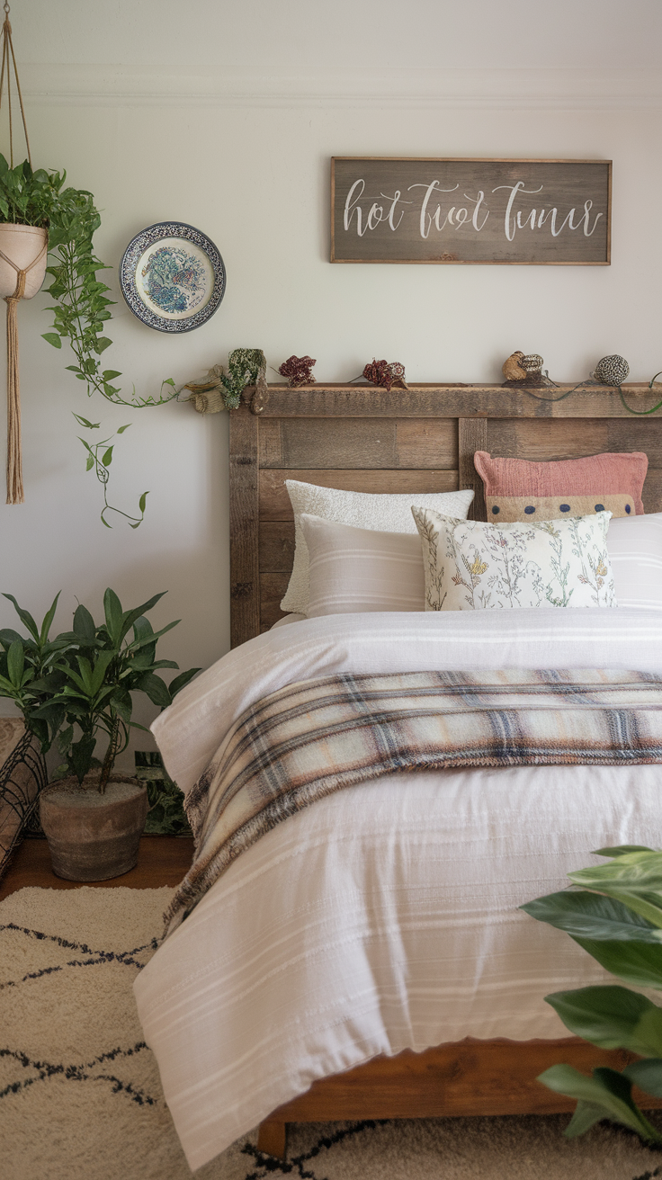 A cozy bedroom with a wooden bed, soft bedding, and decorative pillows surrounded by plants.