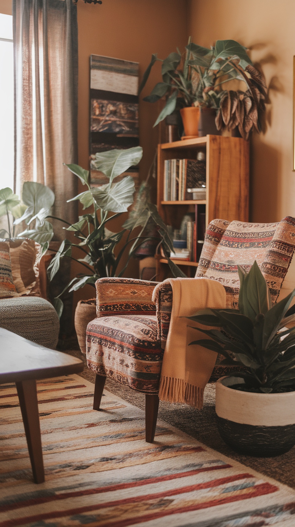 Cozy bohemian living room with patterned furniture and plants