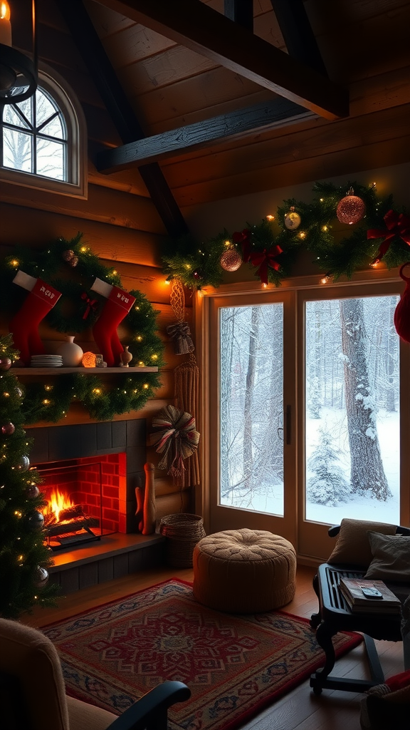 A cozy cabin interior decorated for Christmas with a fireplace, stockings, and snowy view outside.
