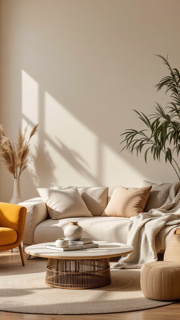 A cozy living room with a warm neutral color palette, featuring a beige sofa, colorful cushions, a round coffee table, and indoor plants.