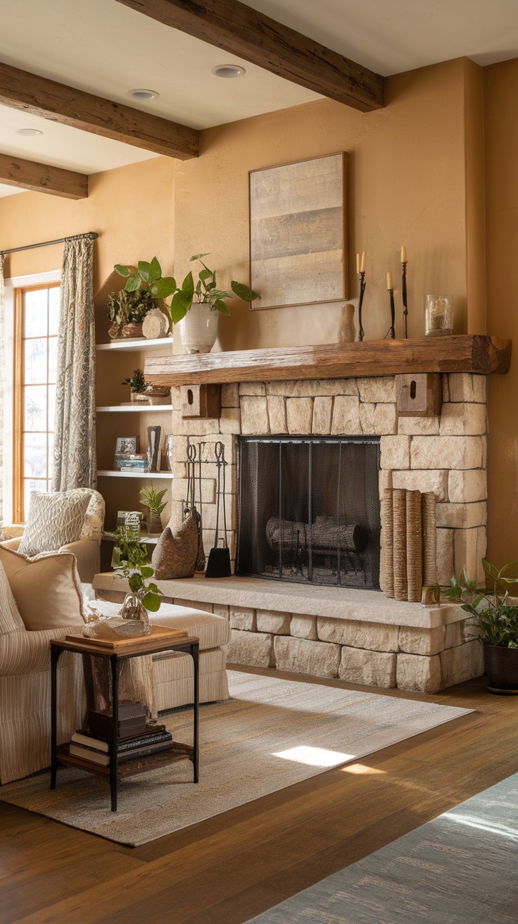 Cozy living room featuring a stone fireplace, wooden mantle, and earthy decor