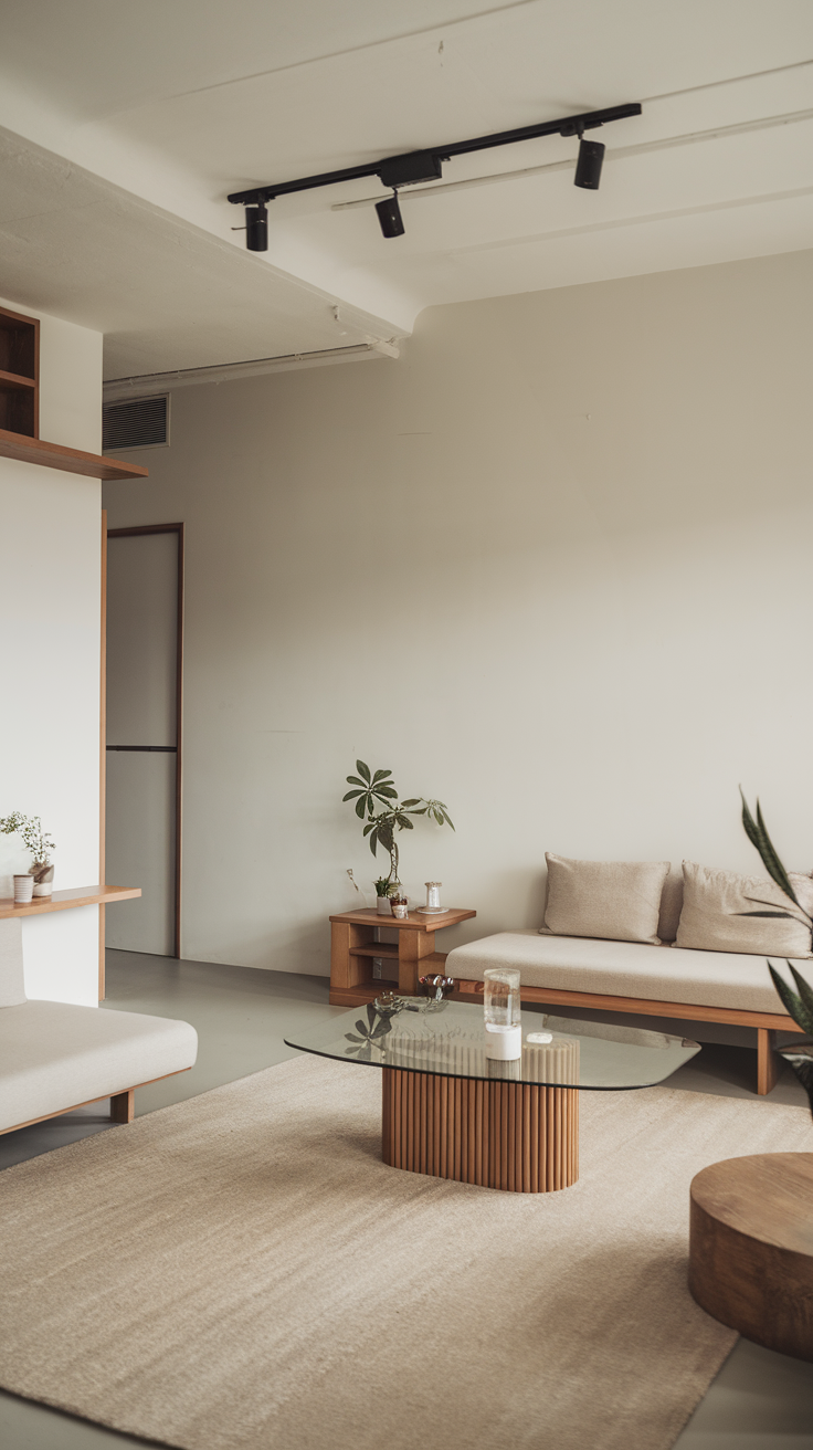 A minimalist living room featuring beige furniture, a glass coffee table, and plants.
