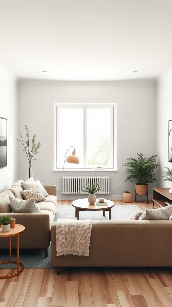 A cozy minimalist living room featuring neutral tones, comfortable sofas, a round coffee table, and plants.