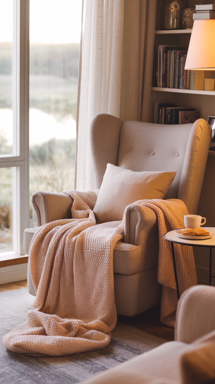 Cozy reading nook with a comfortable chair, soft throw blanket, and side table with snacks.