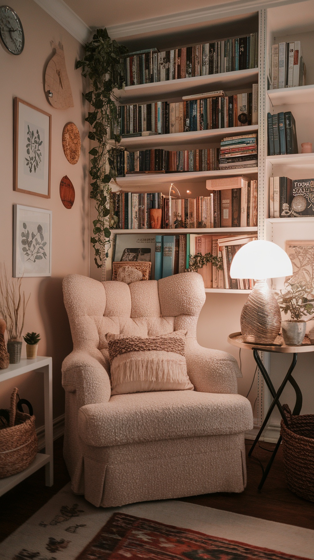 Cozy reading nook with a plush chair, bookshelves filled with books, and warm lighting.