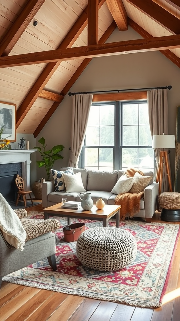 A cozy living room with wooden beams, a neutral sofa, and a vibrant area rug.