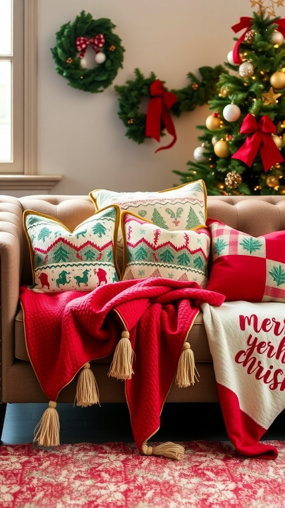 Cozy couch adorned with festive throw pillows and blankets for Christmas