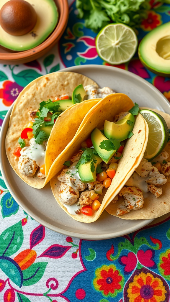 Three creamy chicken tacos with avocado slices on a colorful floral tablecloth.