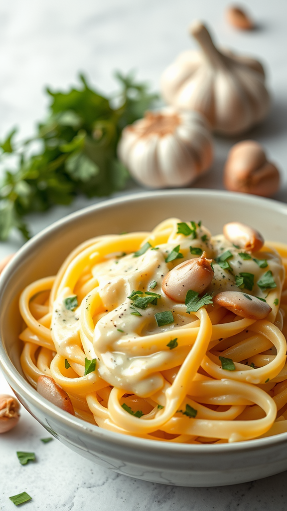 A bowl of creamy garlic sauce pasta topped with parsley, with garlic cloves and herbs in the background