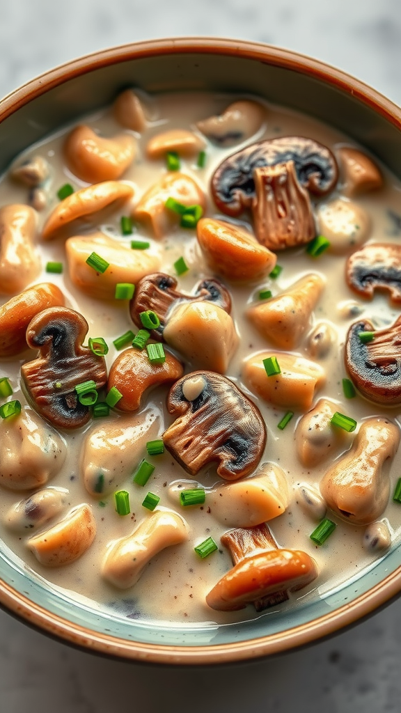 Bowl of creamy mushroom stroganoff with mushrooms and herbs