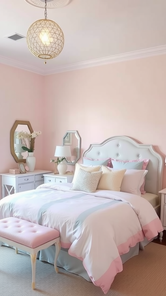 A calming bedroom with pink walls, soft bedding, and elegant decor.