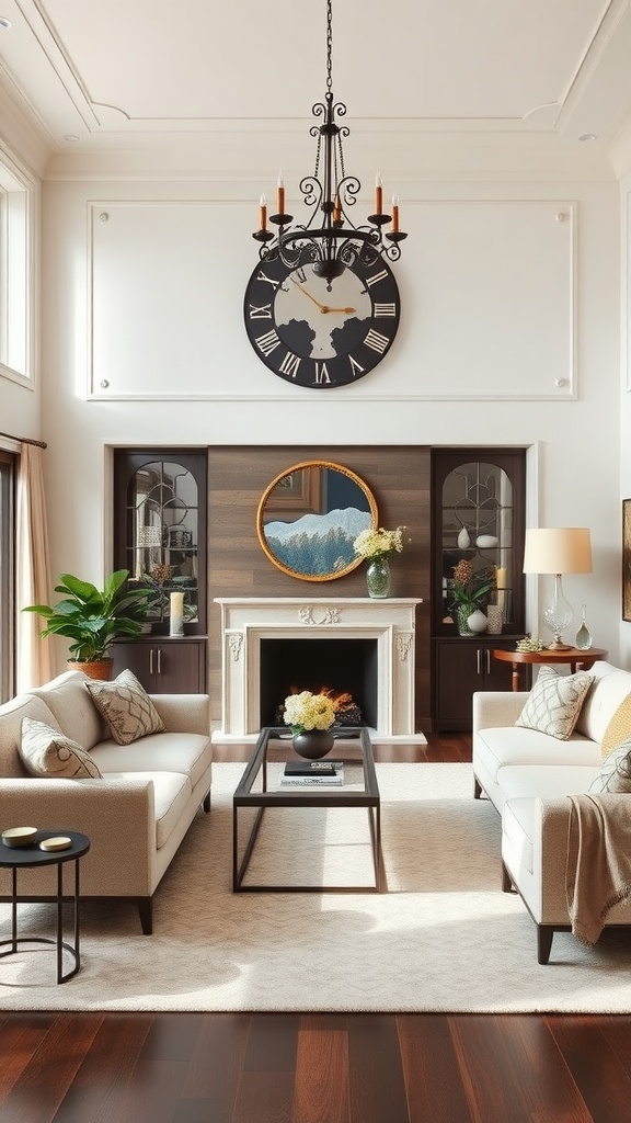 A stylish living room with elegant furniture, a chandelier, and natural plants.