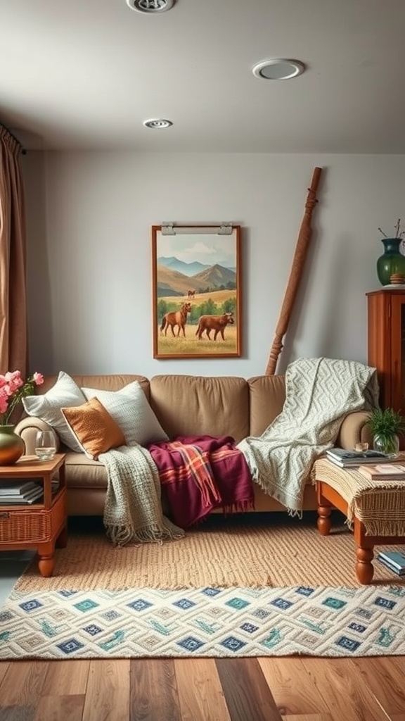 Cozy living room with layered textiles, including a beige couch with colorful throws and cushions, a patterned rug, and wall art.