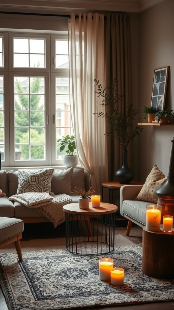 Cozy living room with candles, plants, and soft furnishings