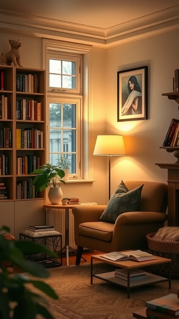 A cozy reading nook with a comfortable chair, bookshelf, and warm lighting.