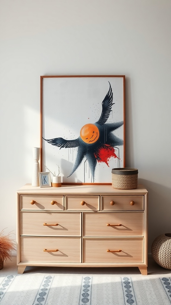 A dresser featuring a striking art piece, vases, and decorative baskets, creating an appealing focal point.