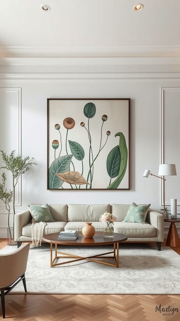 A modern living room featuring a large botanical art piece above a beige sofa, with a wooden coffee table and green plant.
