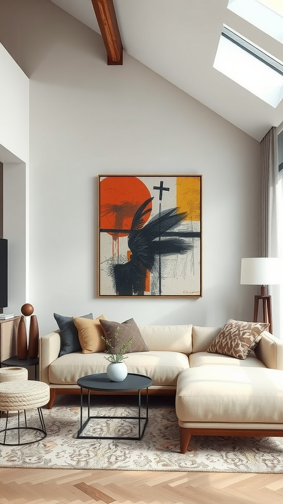 Cozy living room featuring a stylish couch and a striking abstract artwork
