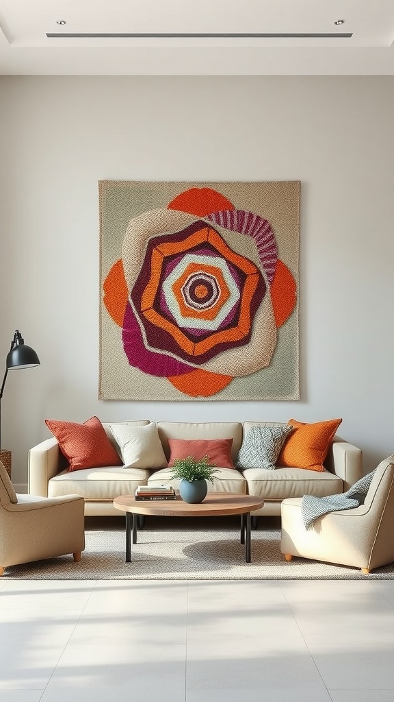 A cozy living room featuring a large colorful wall hanging, a beige couch with cushions in various shades, and a round coffee table