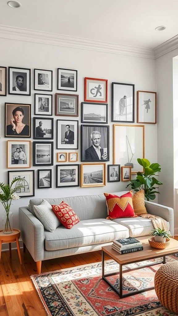 Cozy living room with a gallery wall of framed photographs above a light gray couch.