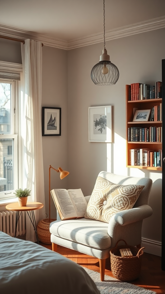 A cozy reading nook in a bedroom with a comfortable chair, open book, lamp, and bookshelf.