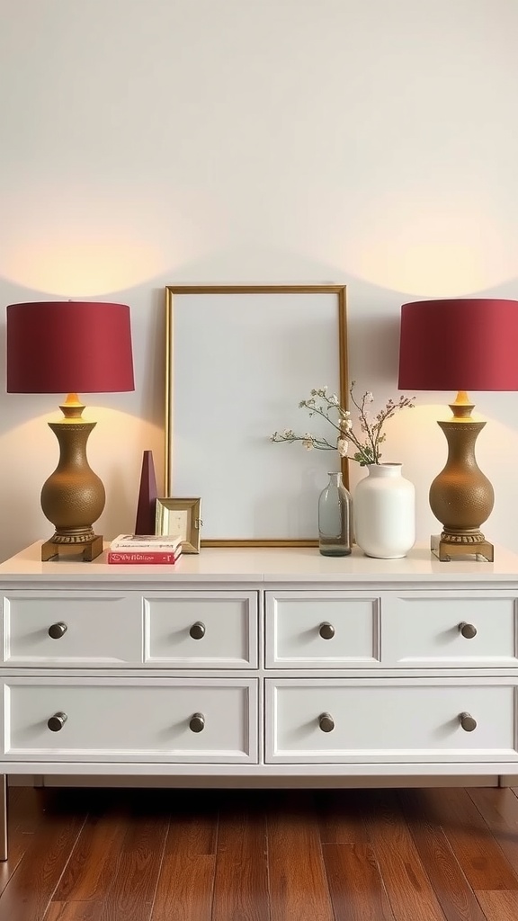 A dresser with a symmetrical arrangement featuring two lamps, an empty frame, and decorative items.
